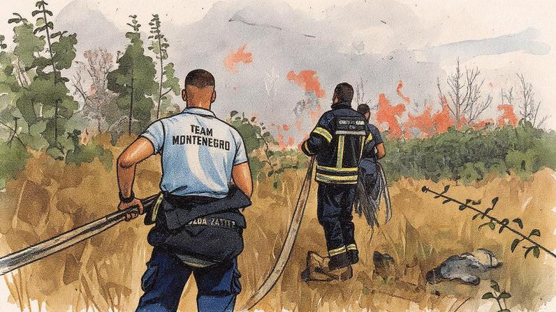 Bombeiros combatem incêndio florestal em Montenegro; um agente morreu e outro ficou gravemente ferido após caminhão tombar (Foto: Savo Prelevic/AFP)