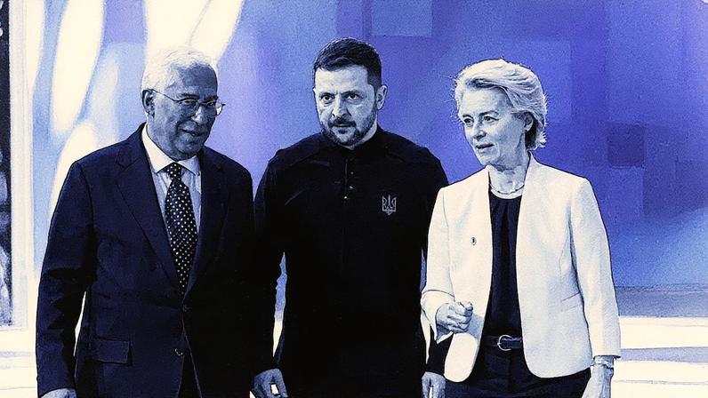 O presidente do Conselho Europeu, António Costa, com o líder da Ucrânia, Volodímir Zelensky, e a presidenta da Comissão Europeia, Ursula von der Leyen. (Foto: Stephanie Lecocq/REUTERS)