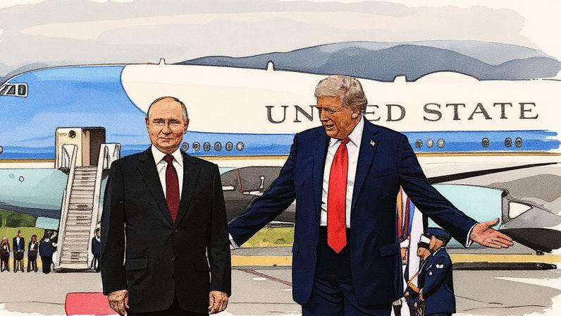 Donald Trump dá as boas-vindas a Vladimir Putin no Alasca com um tapete vermelho e um aperto de mão caloroso (Foto: EPA)