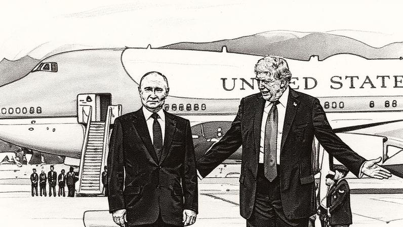 Presidentes dos EUA, Donald Trump (D), e da Rússia, Vladimir Putin, antes de reunião em base militar de Anchorage, no estado americano do Alasca (Foto: Sergey Bobylev / POOL / AFP)