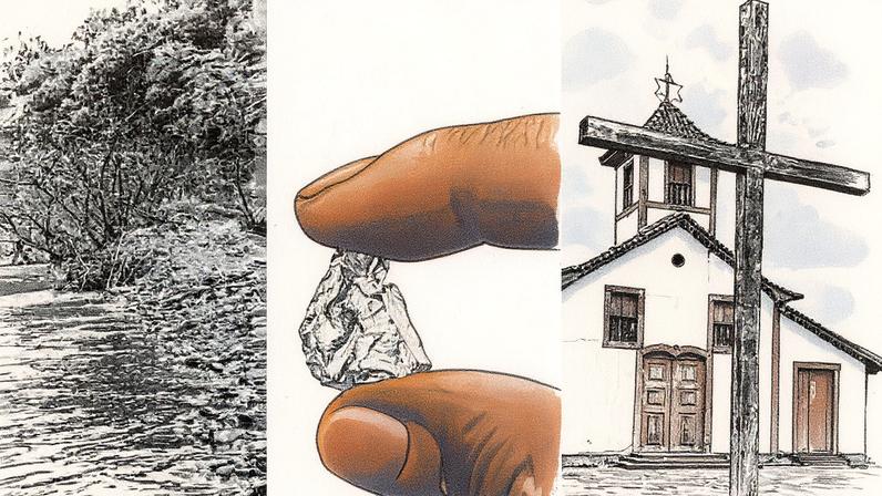 Rio Douradinho, onde foi achado o 2º maior diamante do país, em maio de 2025; pequeno diamante achado em Coromandel e a igreja matriz de Sant'Ana (Foto: TV Integração/Reprodução)
