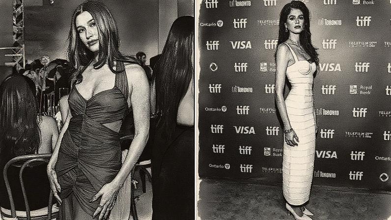 Revival - Hailey Bieber e Kaia Gerber (de branco): volta dos modelos grudados, que deixam o corpo marcado (Foto: Stefanie Keenan/Getty Images; Jeremy Chan/Getty Images)