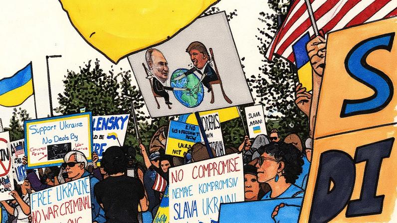 Manifestação de partidários de Ucrânia antes da reunião entre Trump e Putin este sexta-feira. (Foto: Fatih Aktas/Anadolu/Getty Images)