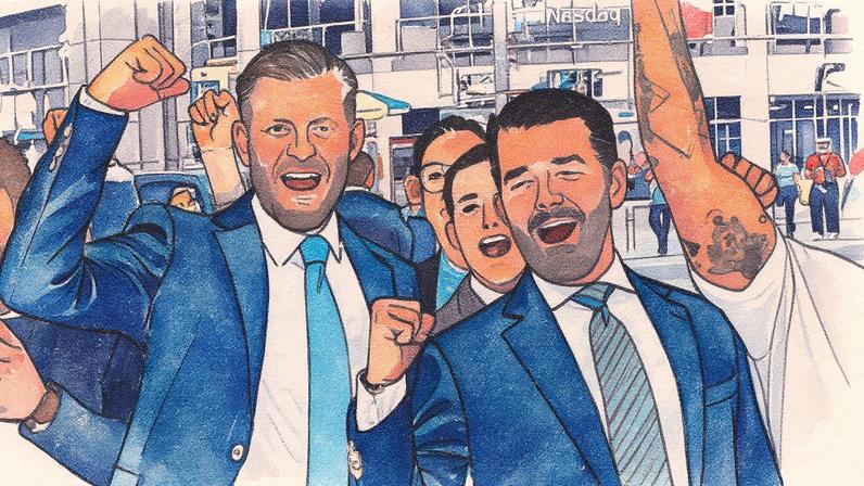 Donald Trump Jr. (esq.) e Eric Trump, filhos do presidente dos EUA Donald Trump, do lado de fora do prédio da Nasdaq após tocarem o sino de abertura para celebrar o fechamento da oferta de US$ 1,5 bilhão da empresa ALT5 (Foto: Eduardo Munoz/Reuters)
